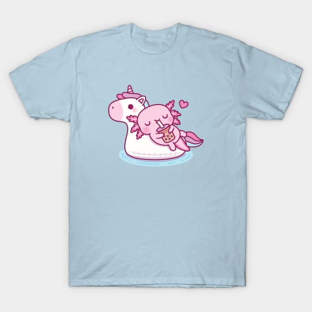 Cute Axolotl Chilling On Unicorn Pool Float Drinking Bubble Tea T-Shirt by rustydoodle